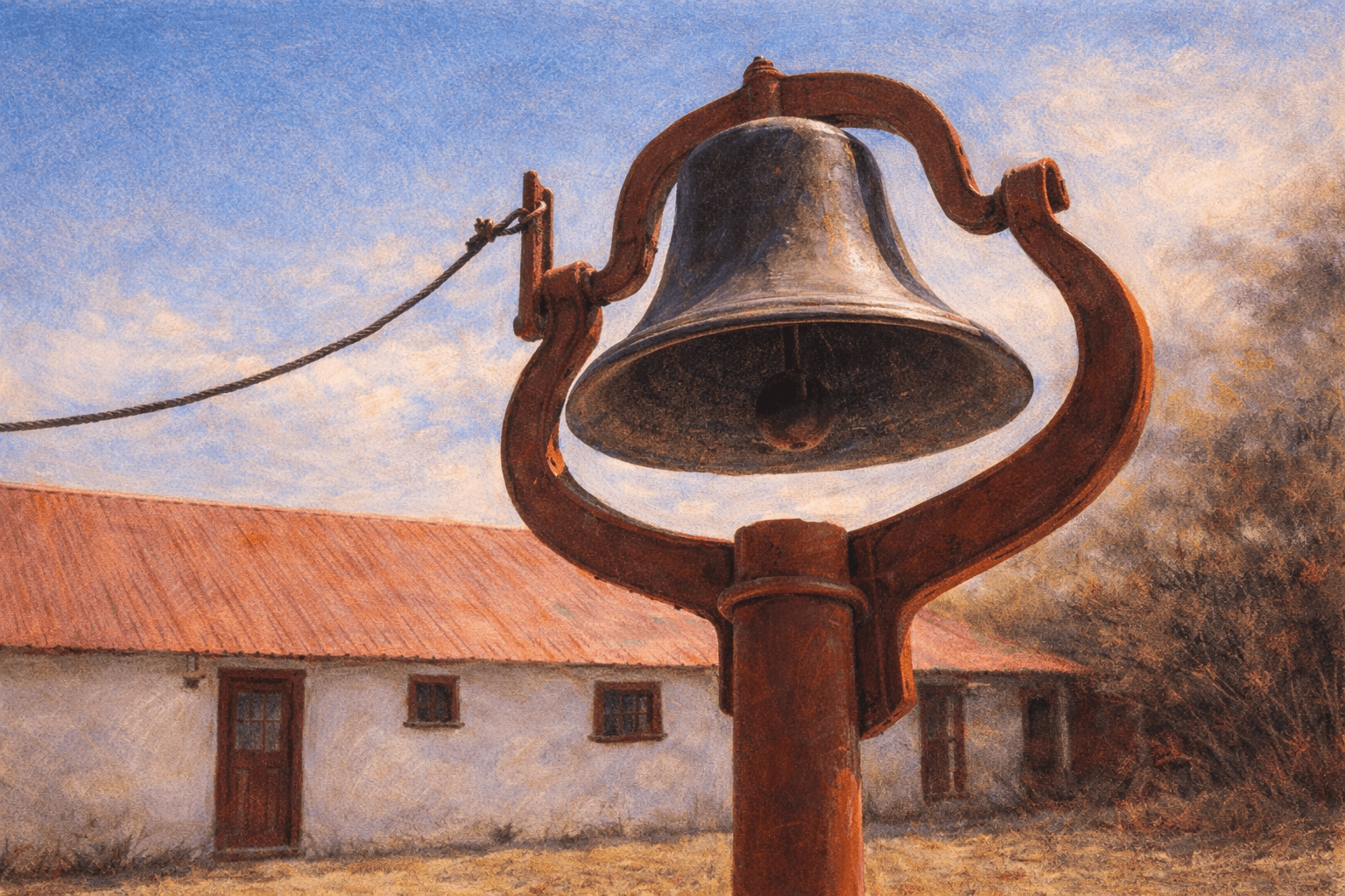 The dinner bell at La Conquistadora — cast iron on a rust-red post, ranch kitchen in the background