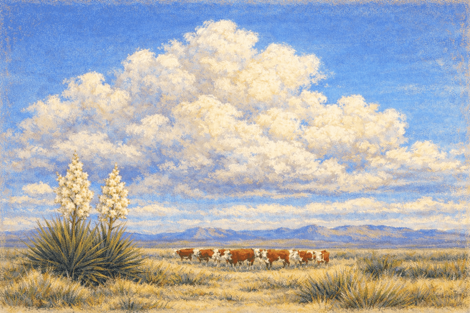 New Mexico rangeland — Hereford cattle graze beneath a towering thunderhead