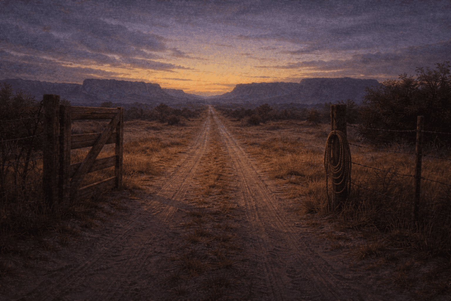 An open ranch gate at dusk — a dirt road disappears toward distant mesas, a lariat hangs forgotten on a fence post, the last light fading