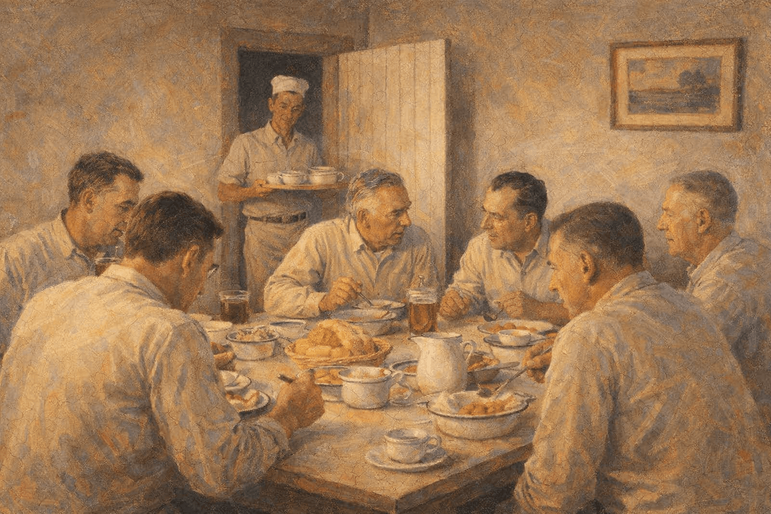 Cowboys gathered around the chuck wagon at mealtime