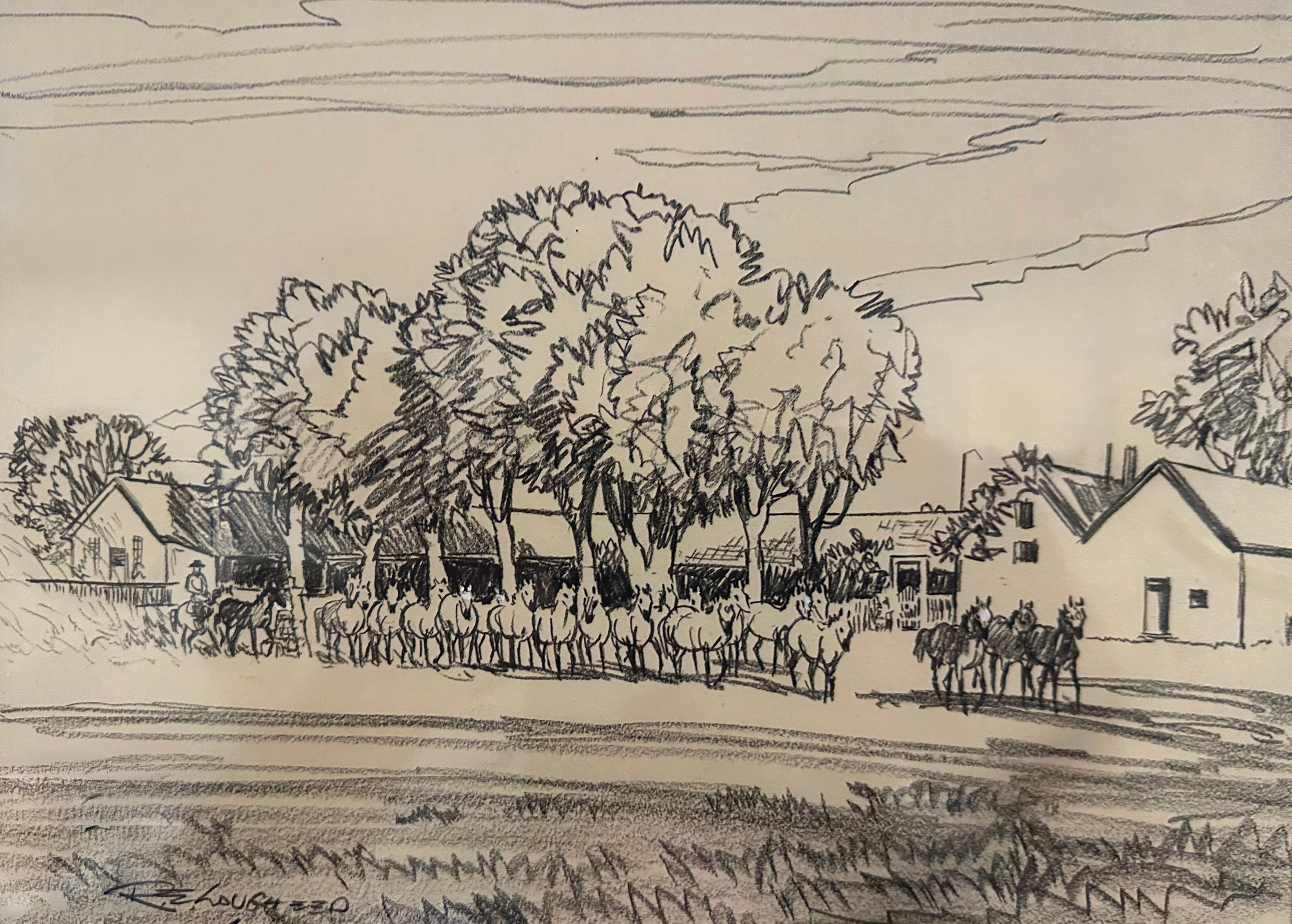 The remuda coming in to ranch headquarters — pencil drawing by Robert Lougheed of horses gathered beneath cottonwood trees between ranch buildings