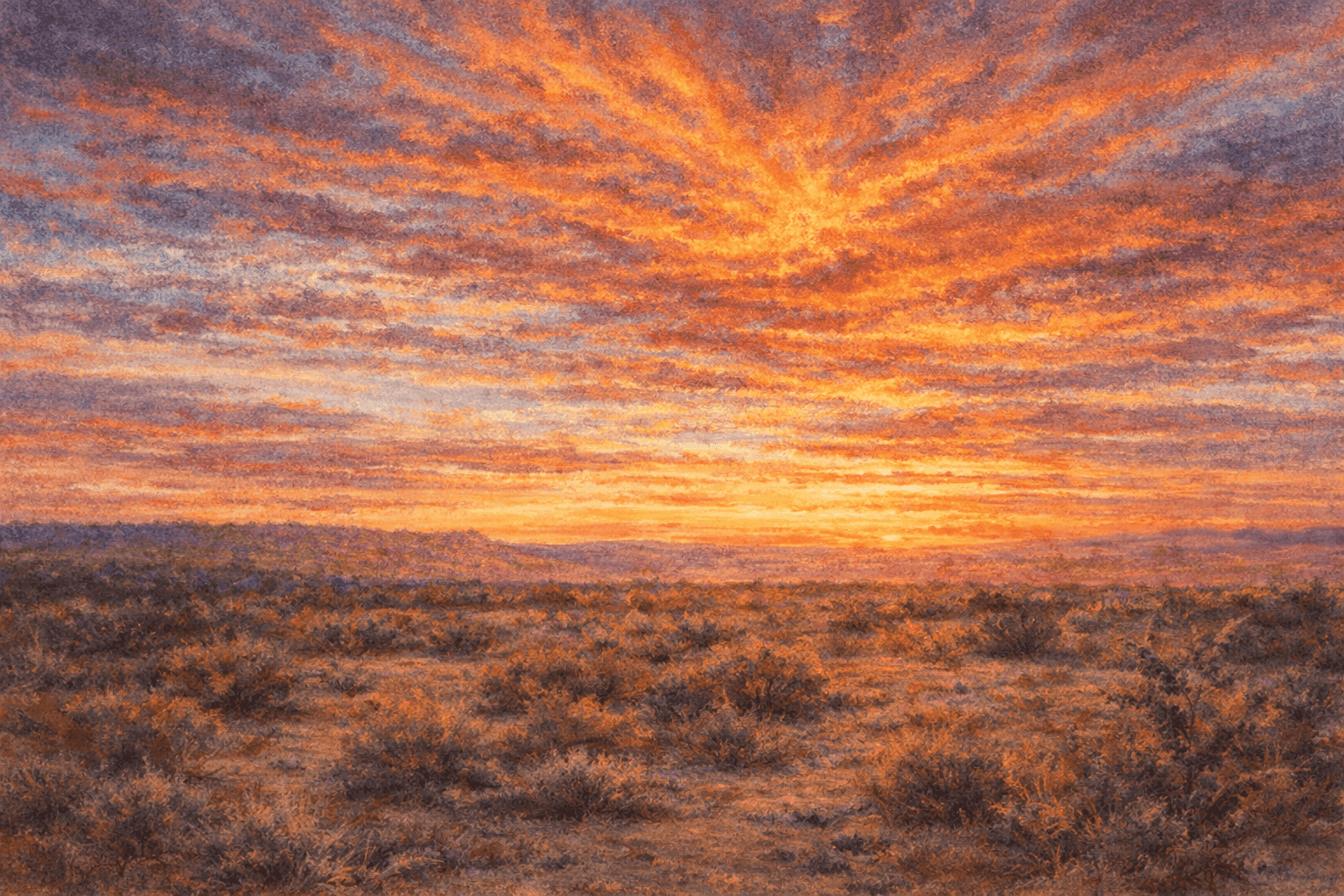 New Mexico sunset — radiating amber and gold light over rangeland with mesa silhouettes