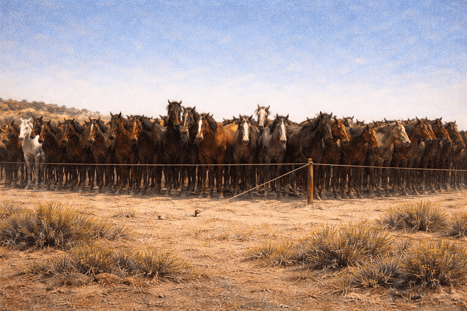 The remuda standing at the rope corral — dozens of horses shoulder to shoulder under a wide New Mexico sky